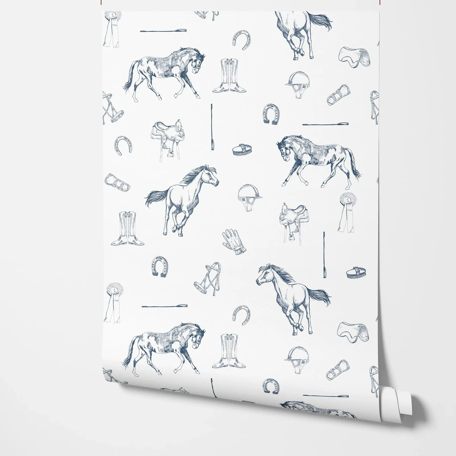 Blue Horse Equestrian Wallpaper Peel and Stick,Whimsical Farm House Wall Mural For Room Decor,Self-adhesive Or Traditional Paper