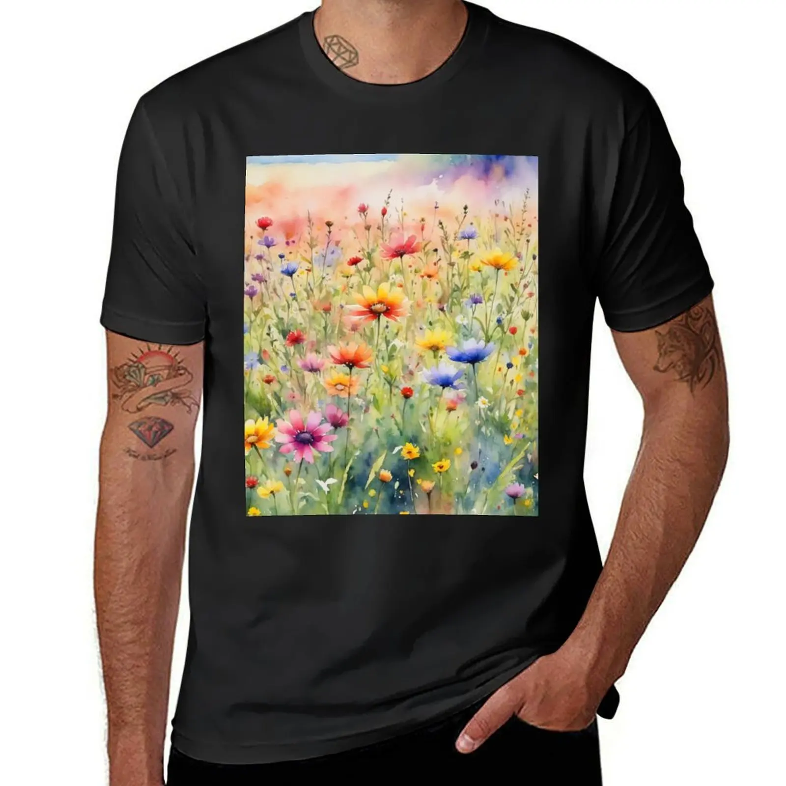 colorful wild flower field water color T-shirt customs Blouse anime mens clothes