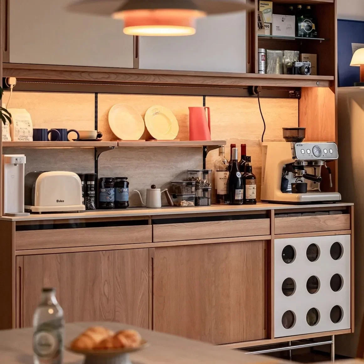 

Integrated travertine rock slab medieval side cabinet cherry wood living room locker