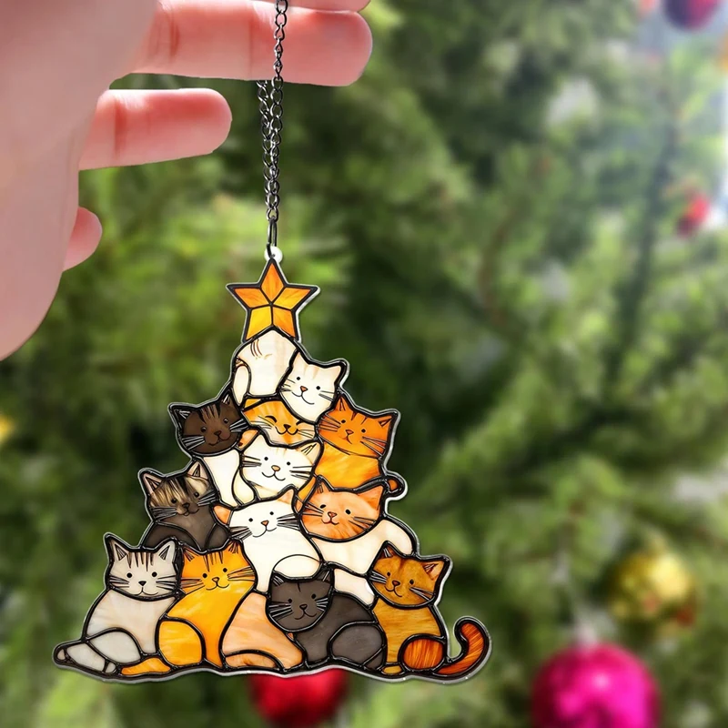 Cat Christmas Tree Suncatcher Acrylic Stacked Kittens Hanging Ornament Colorful For Tree Christmas Decoration For Window