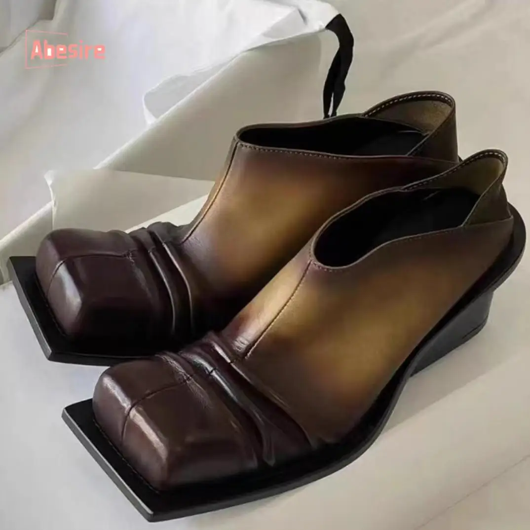 Advanced Mule Shoes for Women Retro Square Toe High Heels Daily Color Matching Shallow Pleated Brown Women\'s Single Shoes