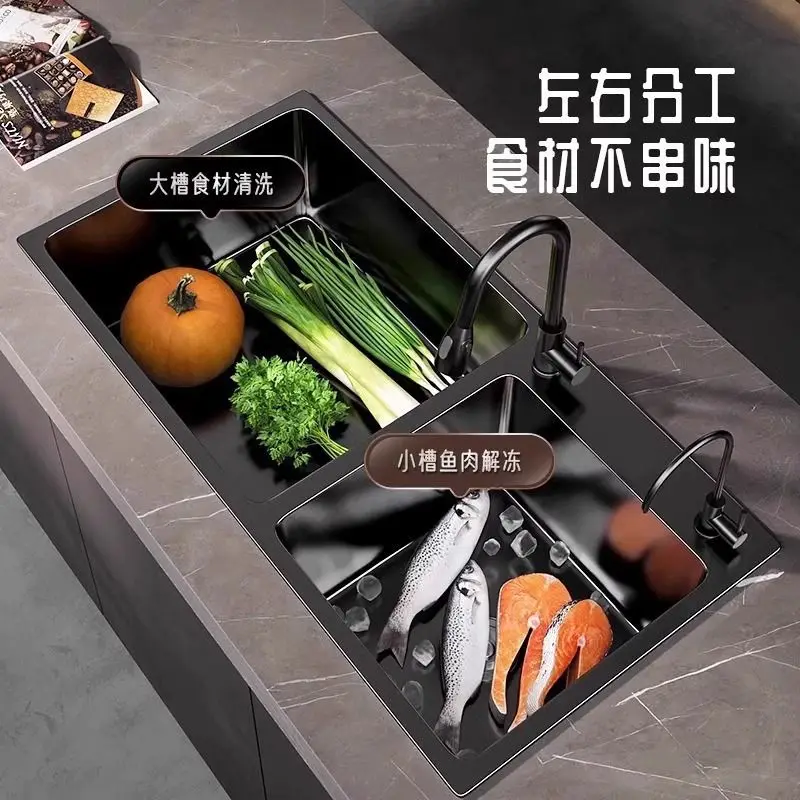 حوض المطبخ حوض مزدوج أسود نانو 304 غسالة أطباق سميكة من الفولاذ المقاوم للصدأ خضروات منزلية