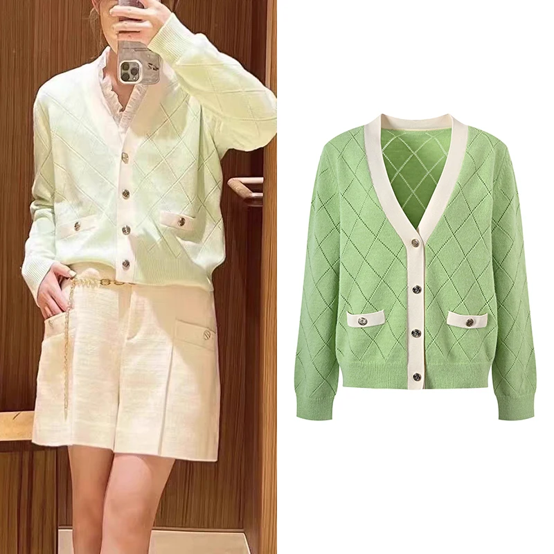 High-End Version European Sle Women's Knitted Cardigan Jaet een Simple id Dopane Outerwear Long Sve V-Ne