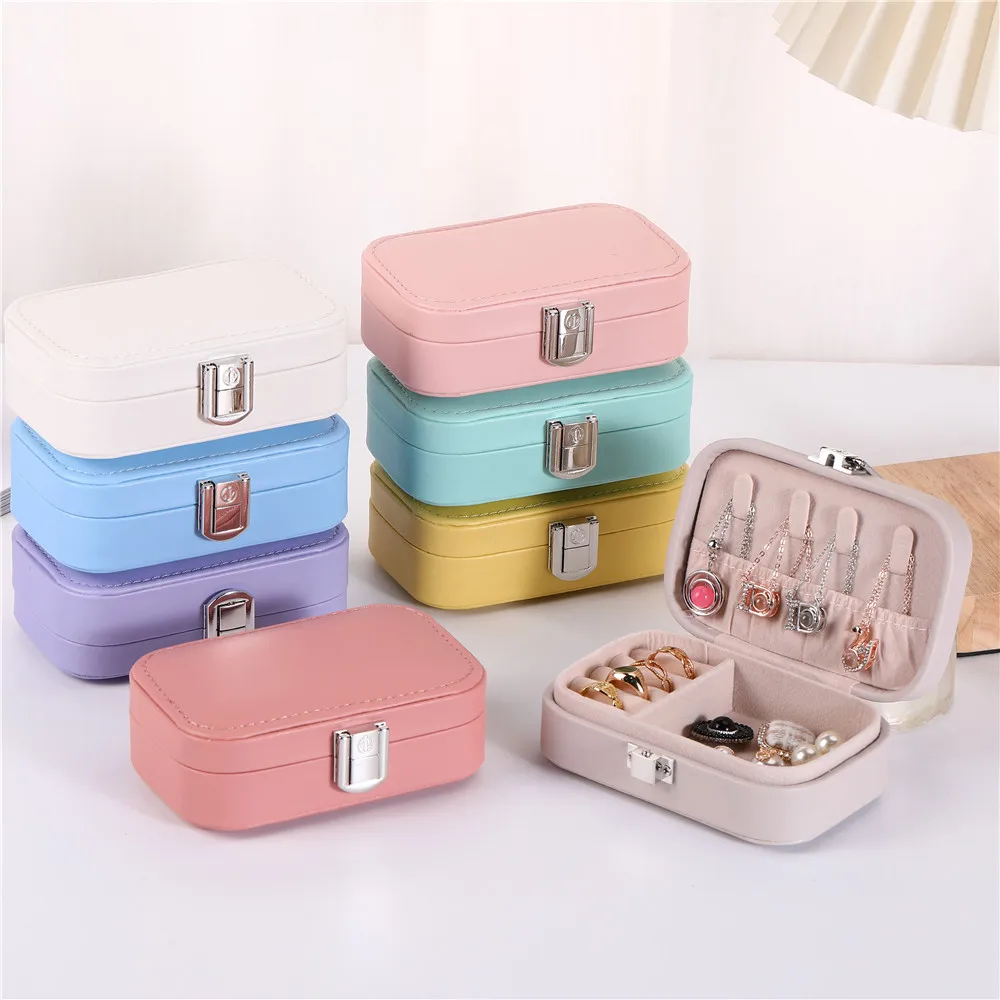 New In Macaron Jewelry Box for Travel Portable Ring Earrings Necklace Organizer Double Layer PU Leather Snap Button Display Case