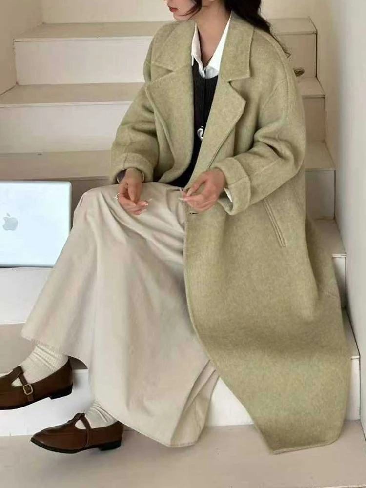 YERMORA Czarny Płaszcz Wełniany z Grubą Klamrą dla Kobiet, Luźny Krój, Długi Rękaw, Nowy Płaszcz Wierzchni, Modny Styl, Jesień Zima 2025