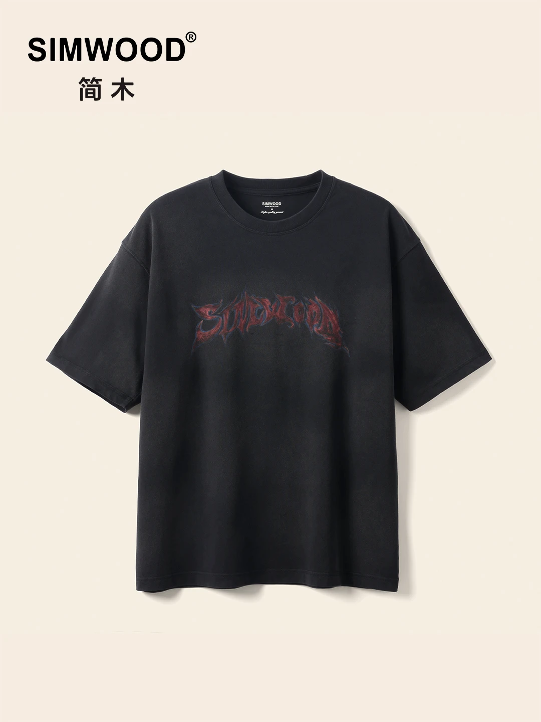 

SIMWOOD 2025 Summer Autumn New Fashion Hip Hop Flame Letter Men Print T-shirts Super Loose 270gsm Cotton Fabric Streetwear Tops