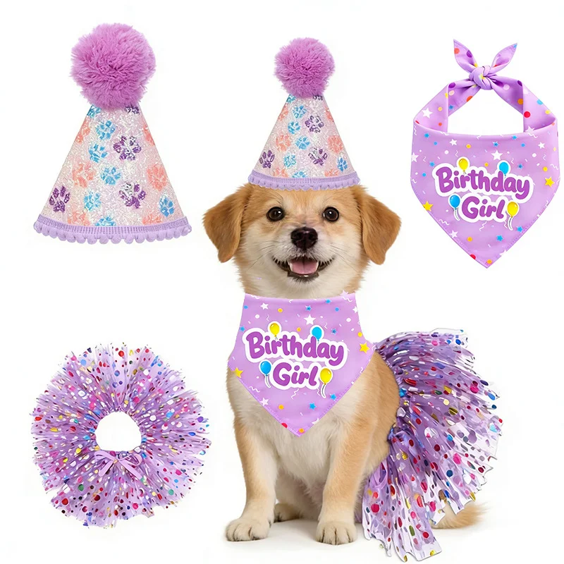 Dog Birthday Scarf Hat Tutu Skirt Set Puppy Birthday Pet Party Supplies Puppe Birth Celebrating Triangular Bandage Dog Dress Up