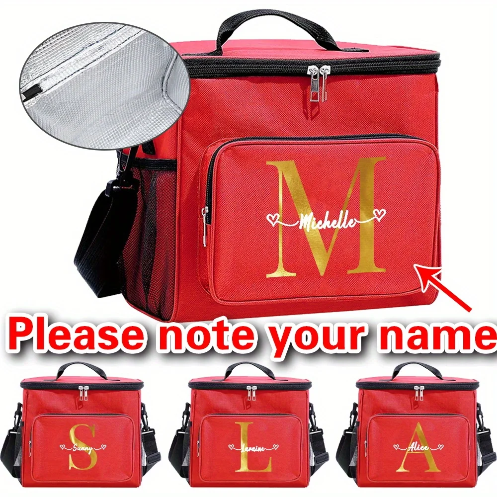 

Customizable Name Red Lunch Bag Insulated Handbag Gold Letter Series Multi Functional Picnic Lunch Box Waterproof Lunch Box