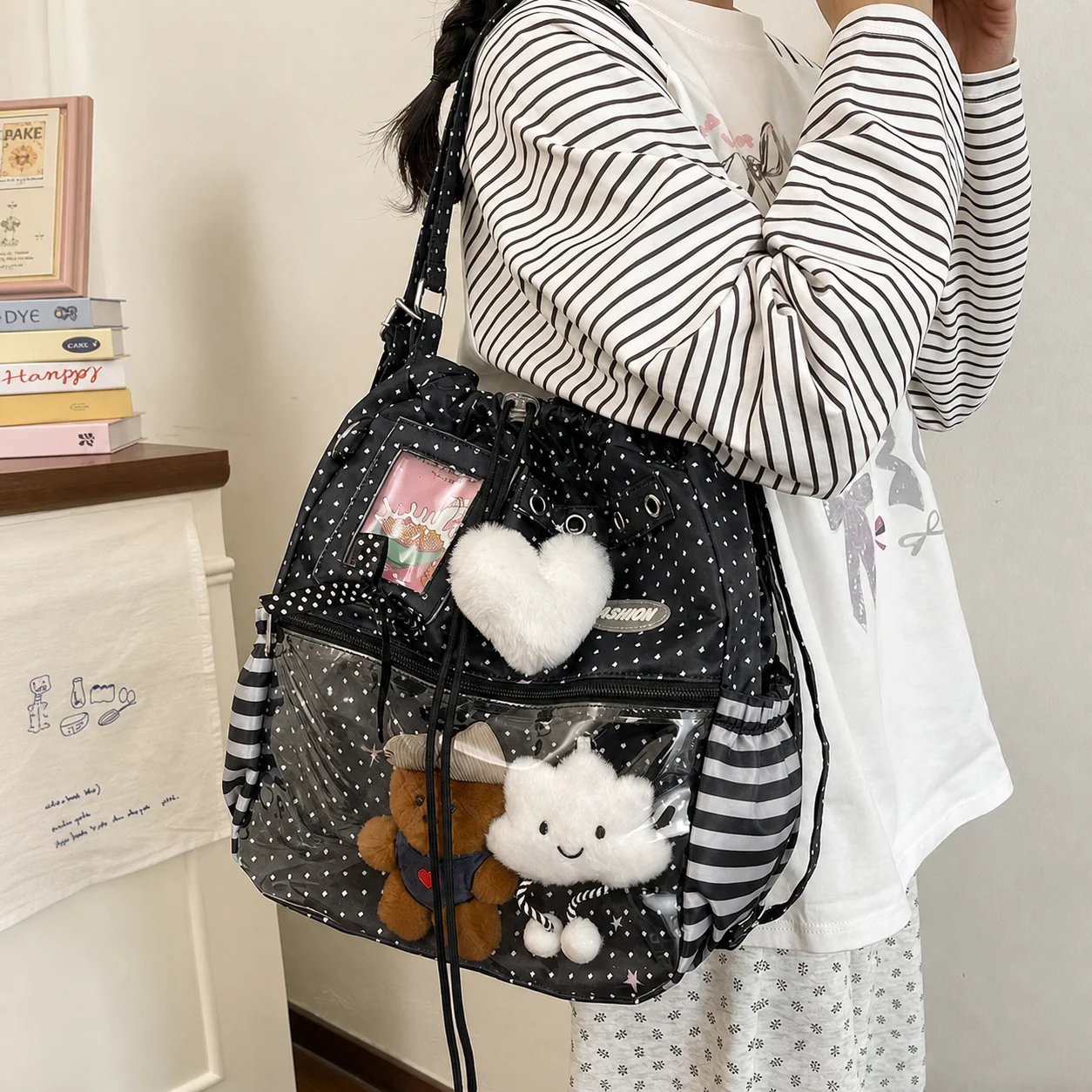 Transparent Display Backpack Adjustable Large Capacity Display Bag Multi-Way Wearable Bag Cream Interior For Travel Campus