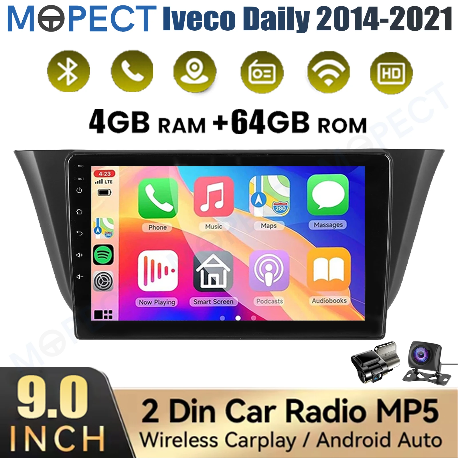 MOPECT 9" Android 15 4+64G voor Iveco Daily 2014-2021 WiFi CarPlay GPS Navigatie Head Unit Bluetooth AM/FM Touchscreen+DAB+DVR&Camera
