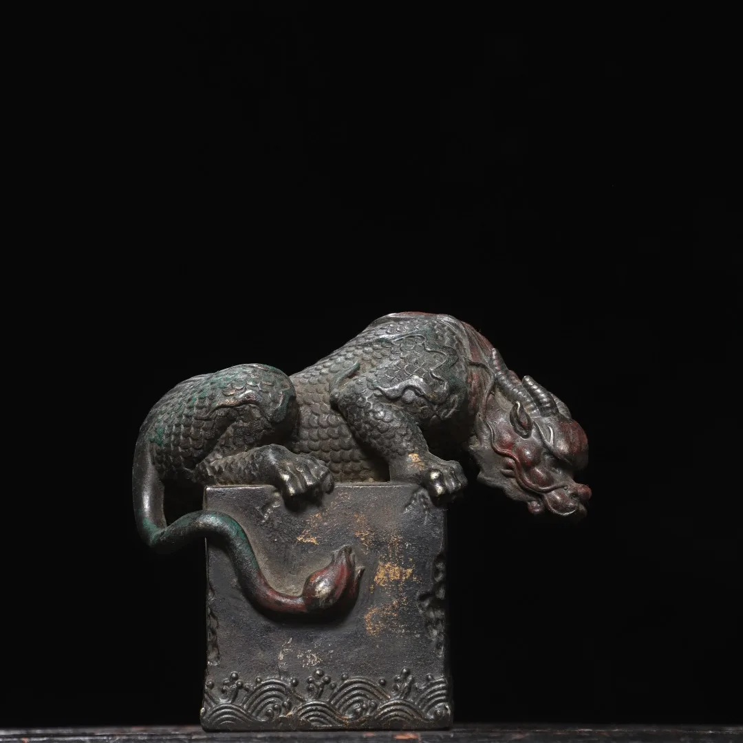 Old Bronze Gilded Cinnabar Water absorbing beast statue mythical beast unicorn base Study screen Amass wealth Ornaments