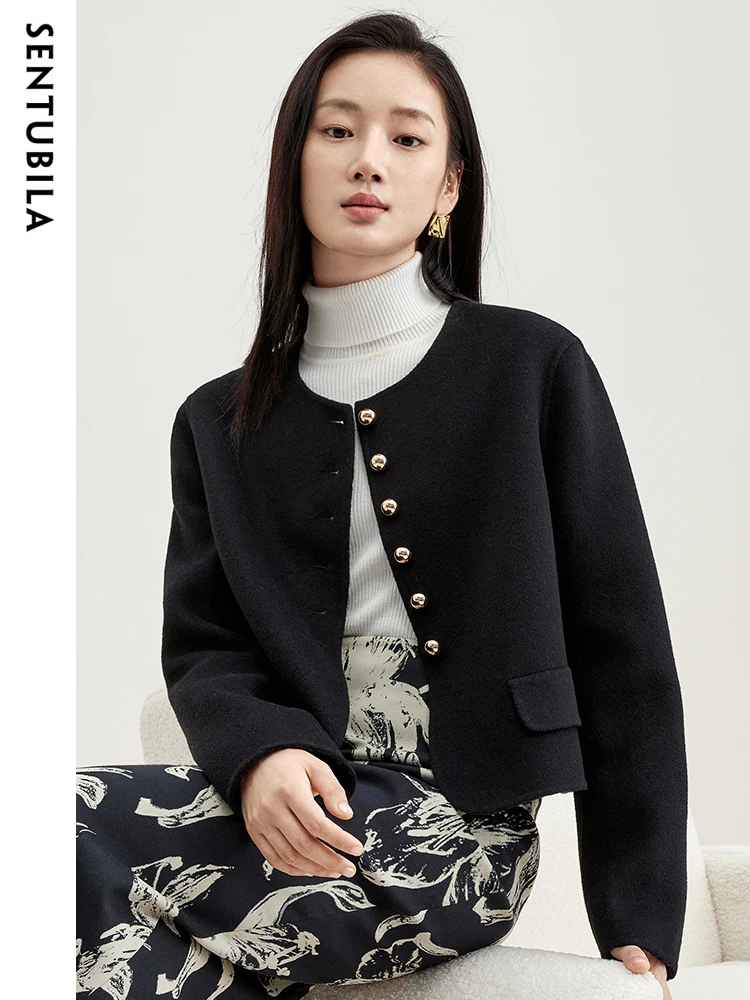 SENTUBILA Elegant Wool Cropped Jackets for Women Black Winter Coat 2025 Fashion O-neck Commute Female Short Outerwear W34O49734