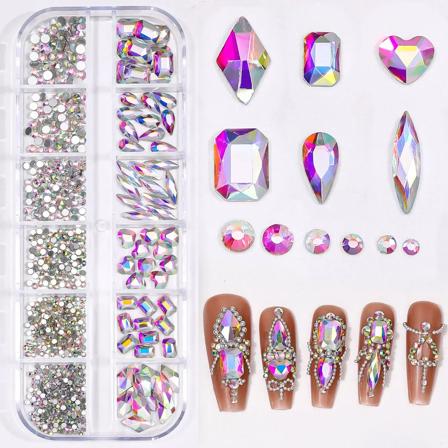12Gird 3D Glass AB Crystal Nail Art Rhinestones Kit Flatback Round Bead Charm Gem Stones Jewelry Diamond with Tools for Nail Art