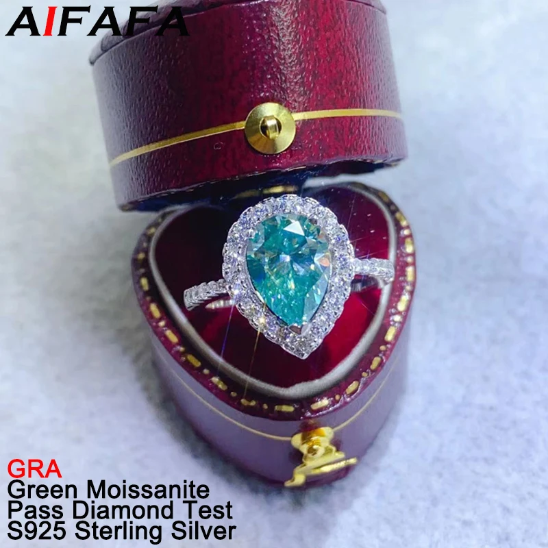 AIFAFA 2 Carat Real Green Moissanite Rings Sparkling Pear Gemstone Plated Pt950 S925 Silver Fine Jewelry Pass Diamond Test