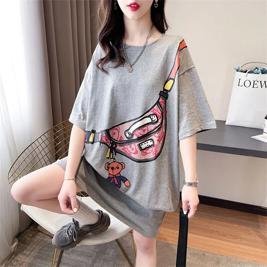 Cotton T-Shirts Oversized Women Clothing Casual Korean Patchwork O-neck Short Sleeve Midi Dress Summer Loose Letter Dresses