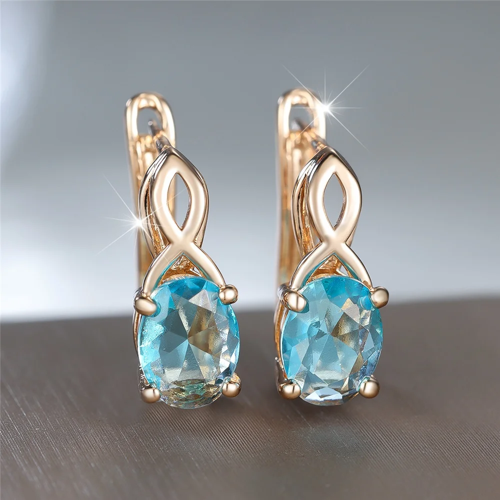 Crystal Female Light Blue Zircon Stone Oval Hoop Earrings Vintage Fashion Gold Color Wedding Jewelry For Women