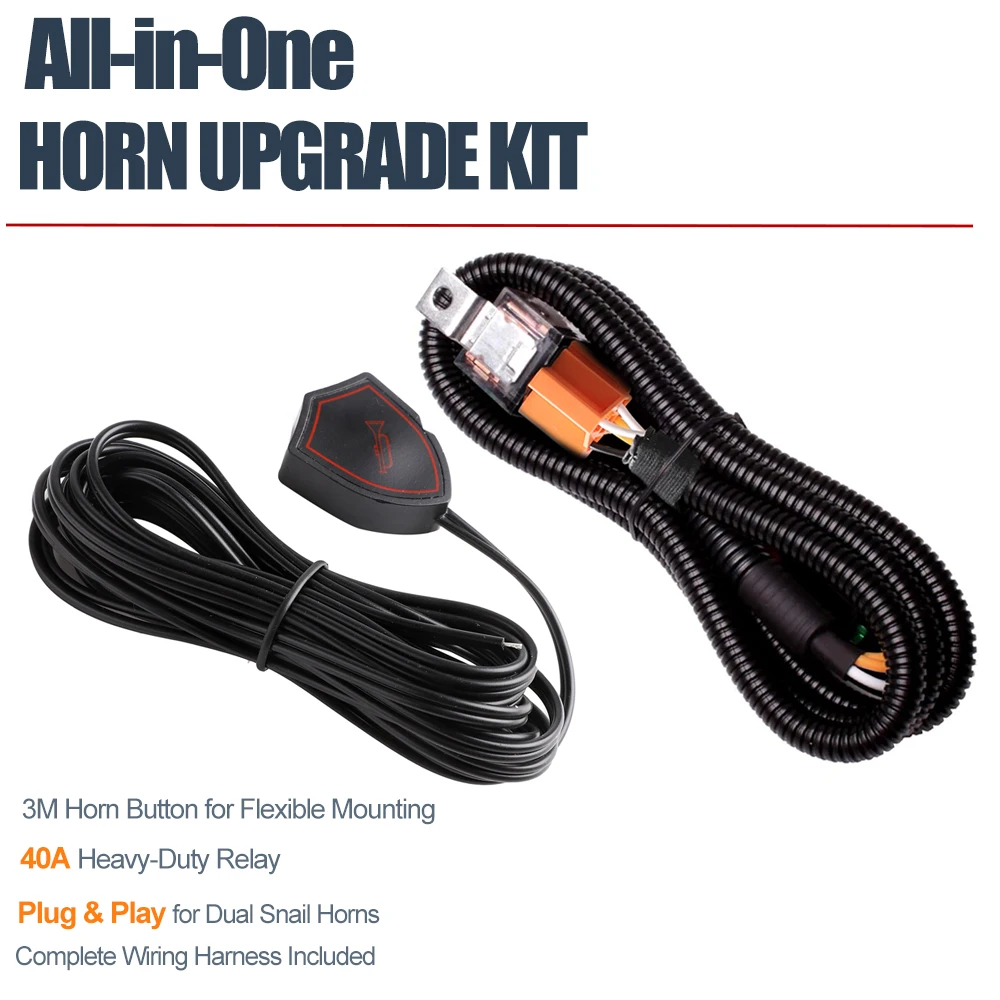 

Universal Car Horn Button Kit - All-in-One Upgrade with 40A Relay for Dual Snail Horns, Complete Wiring Harness Included