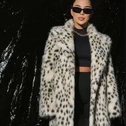 Women's Leopard Print Faux Fur Coat Ladies Streetwear Trend Winter Warm Long Jackets Overcoat Outerwear