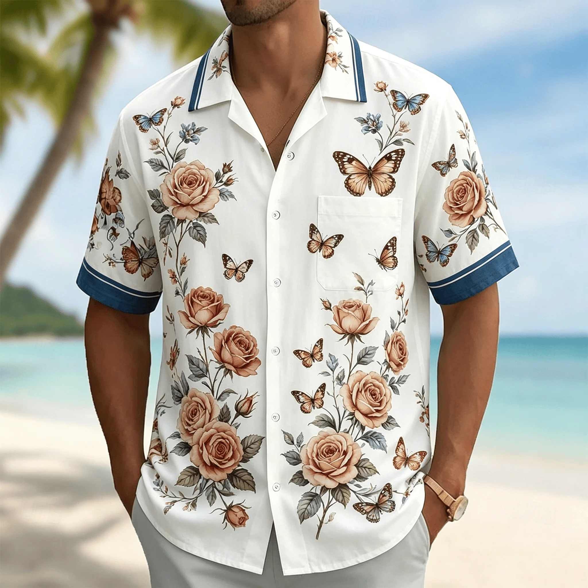 

Men's Rose Butterfly Floral Print Short Sleeve Shirt, Vintage Botanical Button Up Shirt for Spring & Summer