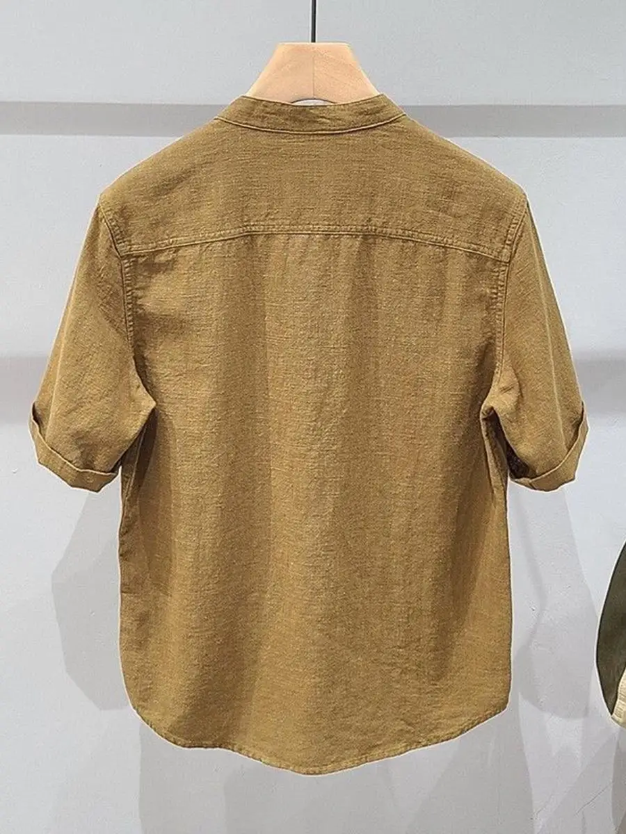 pure-color-linen-short-sleeve-stand-collar-men's-workwear-summer-new-simple-cotton-linen-fashion-youth-leisure-pocket-square