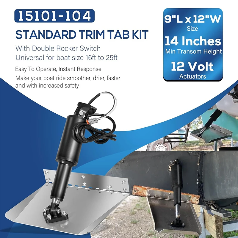 15101-104 9' X 12' Standard Trim Tab Kit 12V with Double Rocker Switch for Boat Size 16ft to 25ft