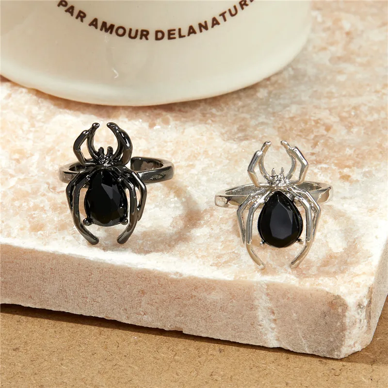 Gothic Punk Unregelmäßige Spinne Öffnung Ring Frauen Männer Mode Zirkon Schwarz Kristall Dark Tier Ring Hip Hop Party Finger Schmuck – Detail 6