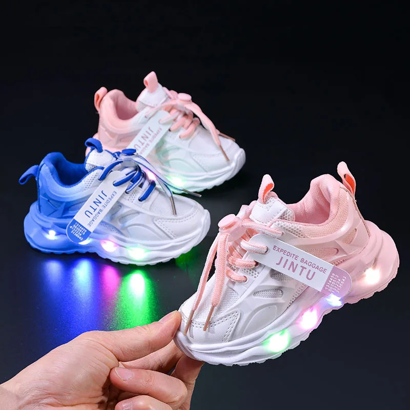 

Girls Gradient Light Up Sneakers 2025 Spring New Kids Casual Mesh Boys Running Shoes Trendy Glow Shoes