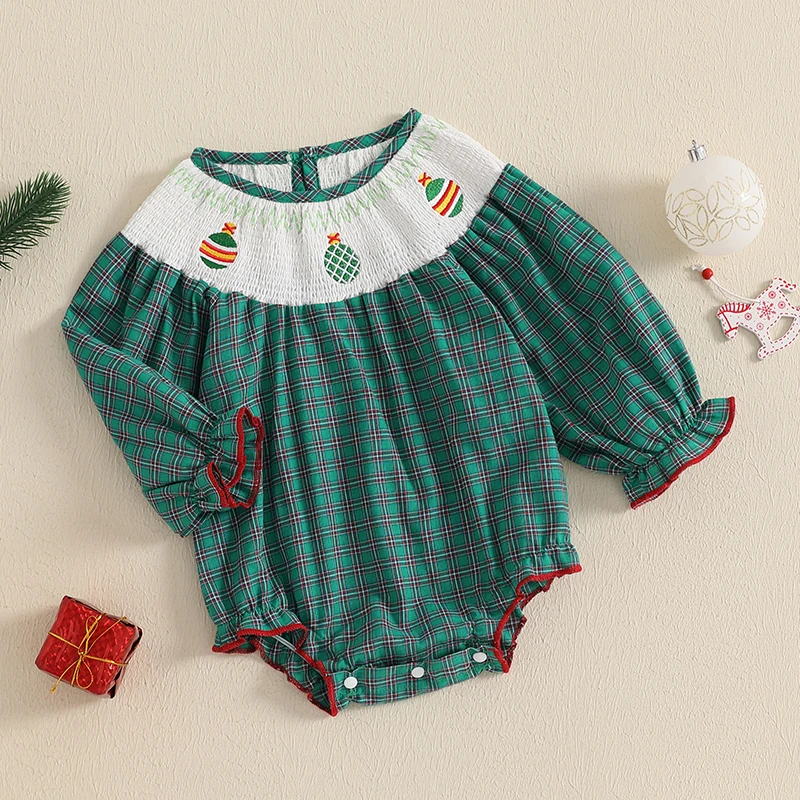 Pelele a cuadros de Navidad para niña, mono de manga con volantes, bordado de bola fruncida, ropa informal