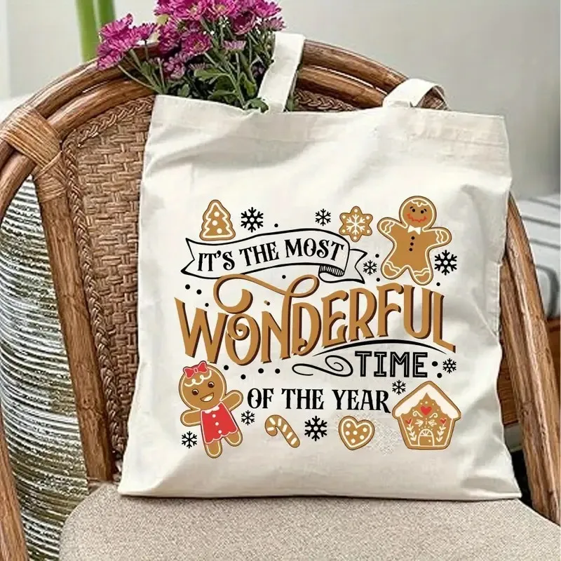 

Festive Gingerbread Print Tote Bag Christmas & New Year Holiday Gift, Trendy Simple Style for Outdoor Picnic, Party, Travel
