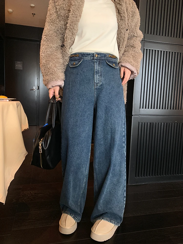 

NAZ, большие размеры, зимние новые винтажные джинсы для похудения с маленьким ветером, сшитые вручную цепочкой и широкими штанинами для женщин больших размеров