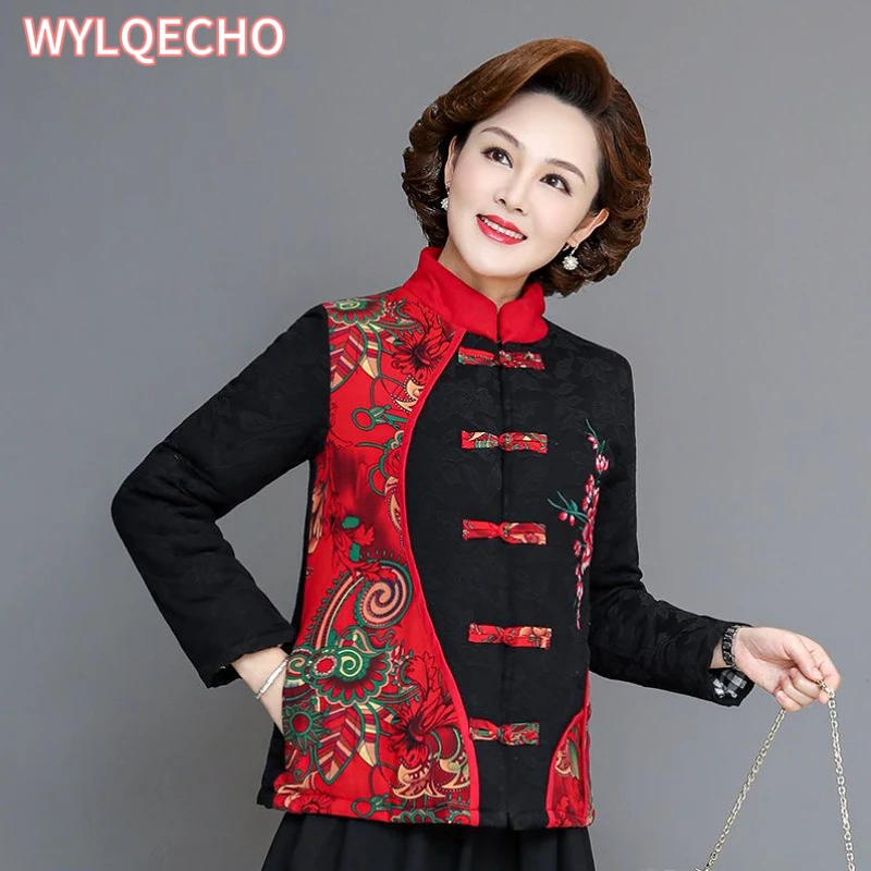 Traditional Chinese Style Autumn Women Cotton Warm Retro Fashion Printed Jackets Cardigan Outerwear Coat Tops Oriental Clothing