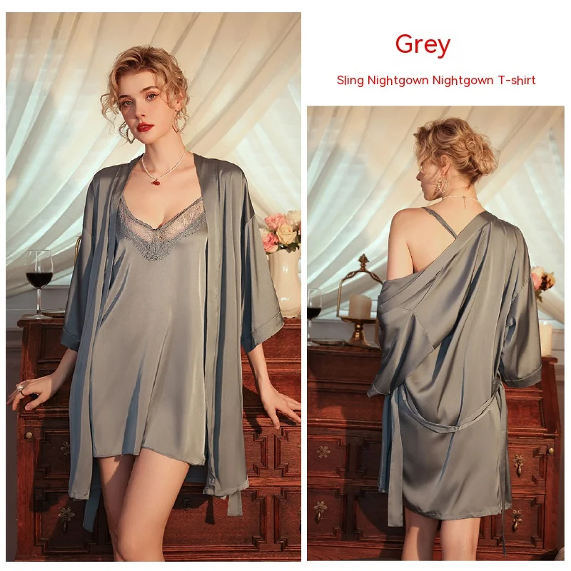 2PCS/Set 2024 New Ice Silk Satin Robe Pure Desire Wind Halter Nightgown Women\'s Sexy Lace Pajamas Homwear Dress Fishtail Skirt