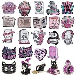Gothic Brooches Moth Witch Club Snake Blood Newspaper Coffin Rose Tombstone Ghost Black Cat Metal Badge Punk Lapel Pins Jewelry