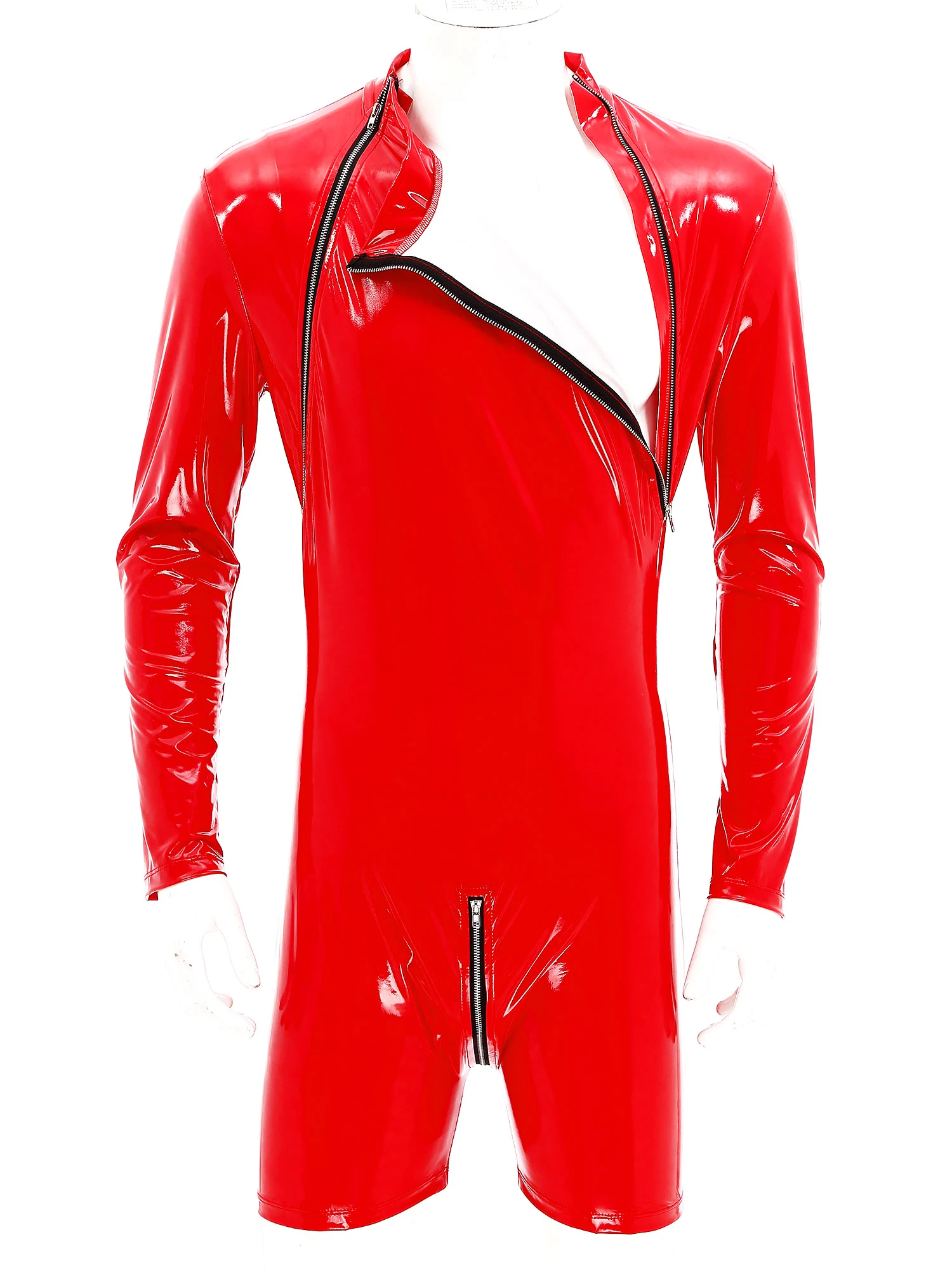 Men Pole Dancing Stage Performance Costume Long Sleeve Wet Look Patent Leather Zipper Bodysuit Nightclub Music Festival Jumpsuit