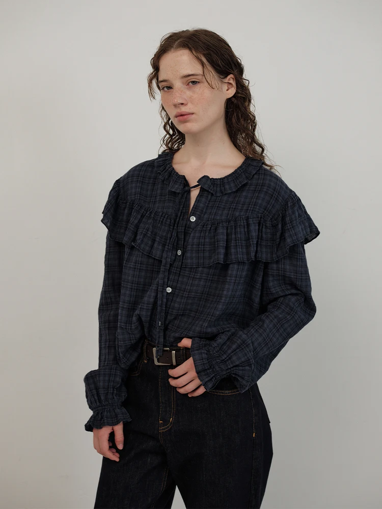

Loose Cotton Plaid irt Women's round Ne Single Button Casual Sle Breathable Spring Long Sve Girl's Faion Top