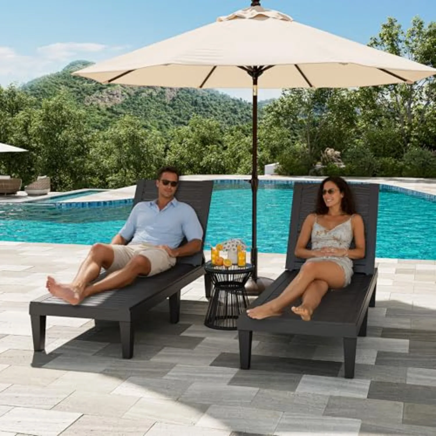 Outdoor Chaise Lounge Chairs Set of 2, 5-Position Adjustable Tanning Lounge Chairs with Wood Texture, All-Weather Resin