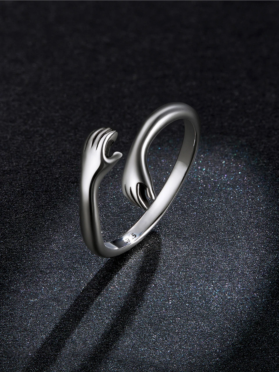 BAMOER 925 Sterling Silver Hug Open Ring Warm Love Hand Adjustable Glossy Ring for Women, His Big Loving Family Party Gift