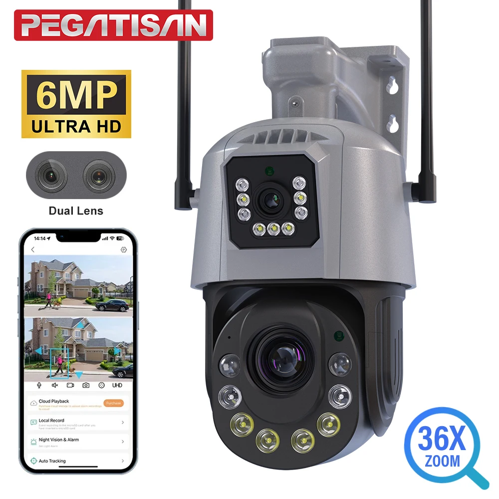 6MP Wifi PTZ IP Camera Outdoor Dual Lens Dual Screen 50x 30X Zoom Human Detection Wireless CCTV Security Surveillance Camera 2K