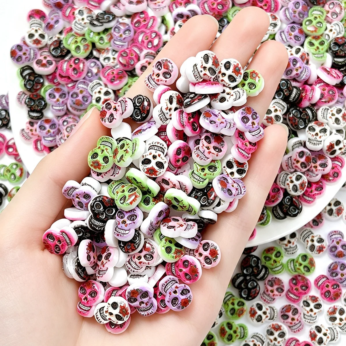 50PCS Mixed Colors 3d Acrylic Nail Art Skull Accessories Charm Parts For Nails Decoration Manicure Decor Material Supplies Tool