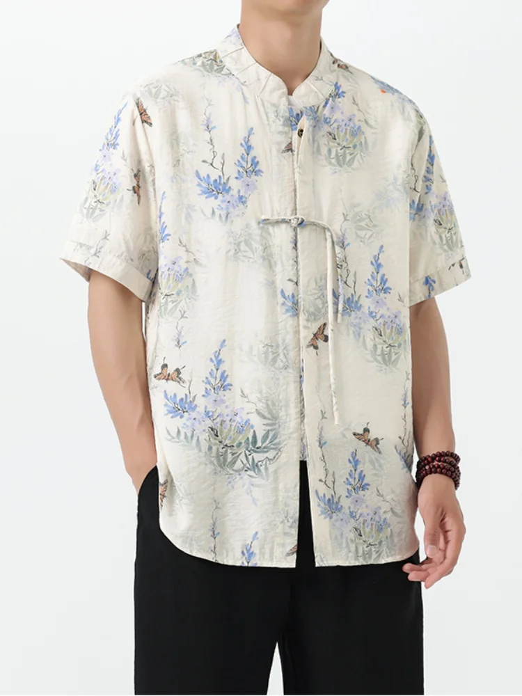 

New Chinese Style Ice Silk Men's Shirt Thin Cool Feeling Short Sleeve Retro Button up Tang Costume Hanfu Summer Fashion