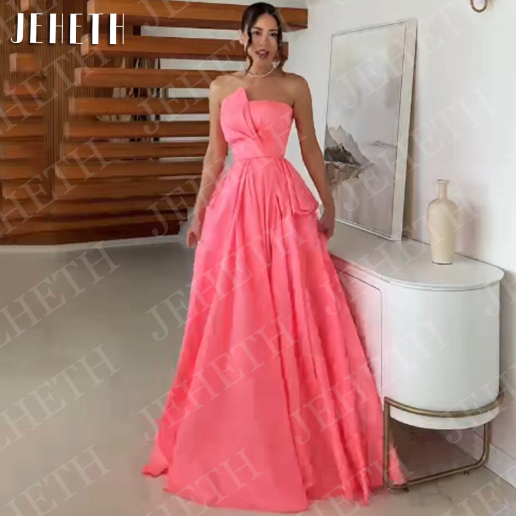 

JEHETH Strapless Prom Dresses Elegant Satin A Line Sleeveless Party Graduation Dress Coral Pink Customized vestidos de fiesta