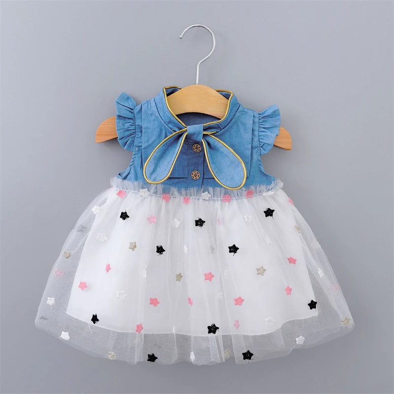 

Baby Girls Dresses Summer 1-4Years Kids Tulle Dress Ruffles Sleeve Denim Cotton Mesh Toddler Children Clothing Casual Wear A458