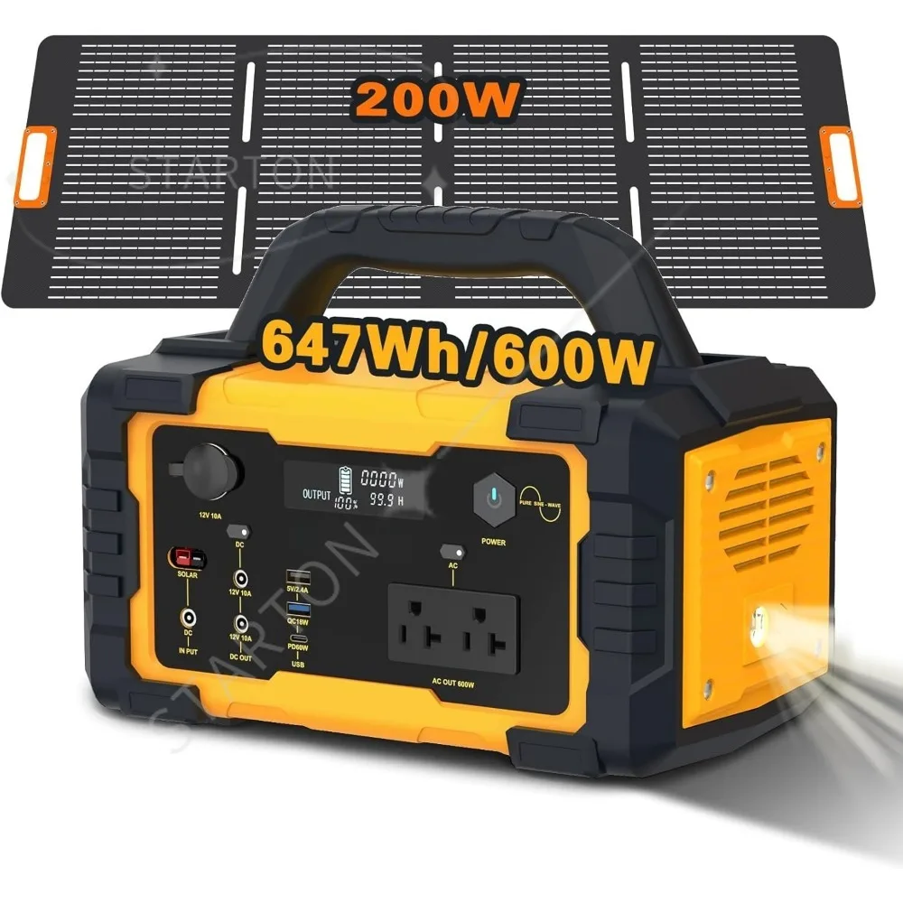 Solar Generator 600W Portable Power Station with 200W Foldable Solar Panel, 647Wh Lithium Battery