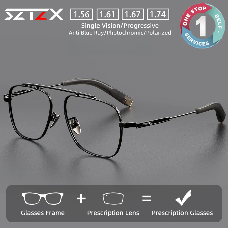 

SZTZX Vintage Pure Titanium Prescription Glasses Anti-Reflective Oversize Pilot Frame Myopia Glasses Progressive Reading Eyewear