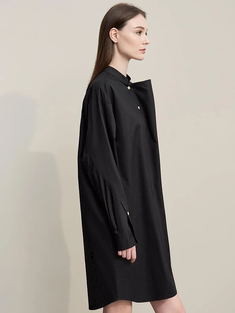 Amii レディースドレス 2026 春新作 スタンドアップネック コットンシャツドレス アシンメトリー ルーズ ドロップショルダー スリーブ 女性服 12641027
