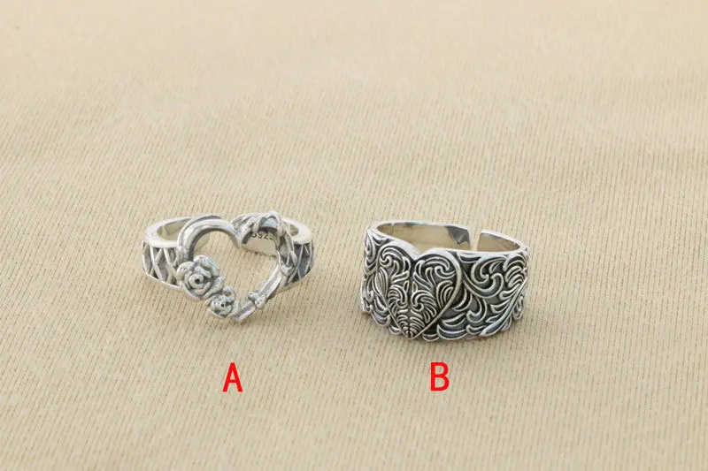 Japanese and Korean pure silver heart-shaped ring, retro personality, index finger, cool style accessories, temperament, opening