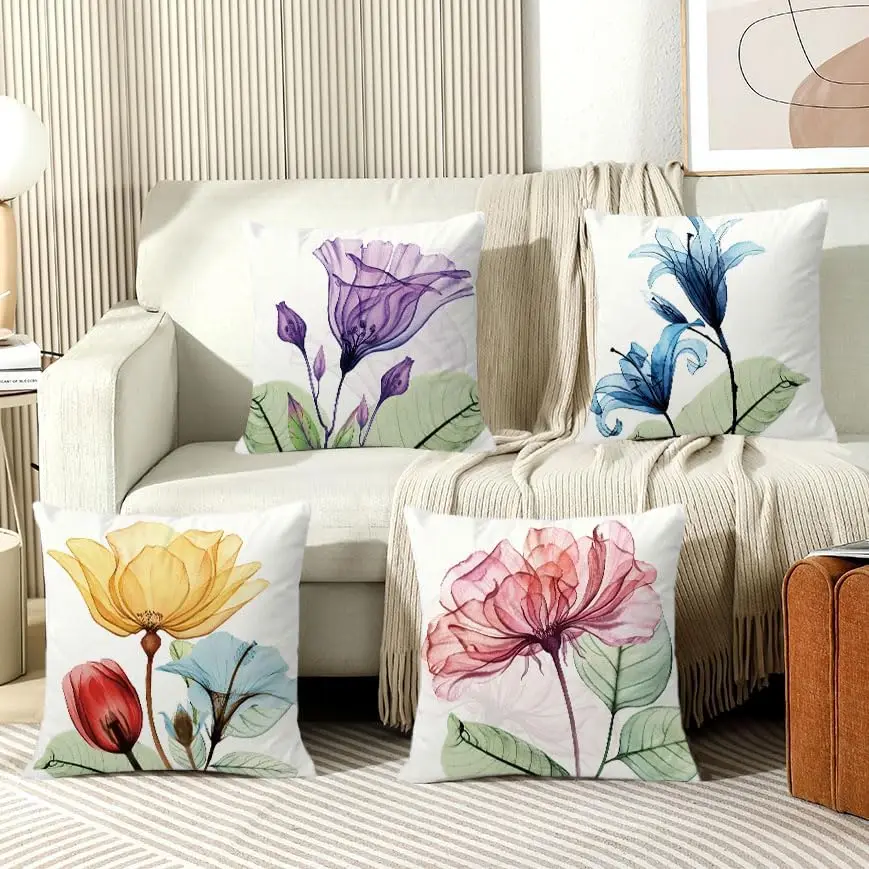 

4pcs Watercolor Translucent Flower Printed Pillow Cover Polyester Cushion Case 2D Flat Elegant Home Decor Now
