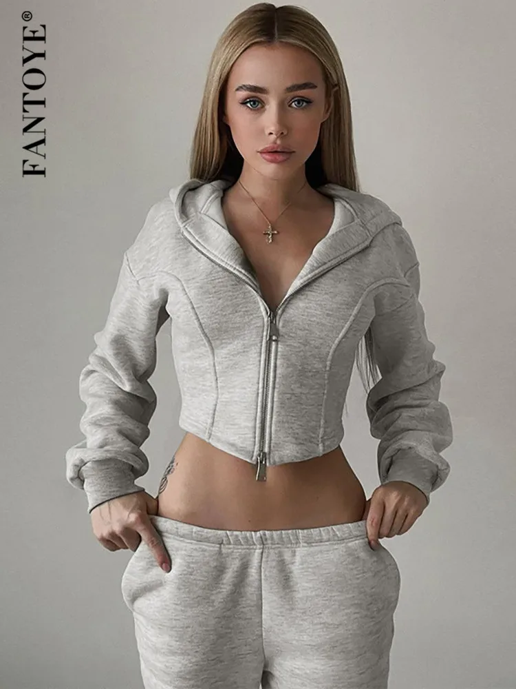 

Fantoye Two Piece Sets Women Tracksuit Long Sleeve Zipper Hooded Top Skinny Pants Suit Female Autumn Solid Casual Pant Suit 2023