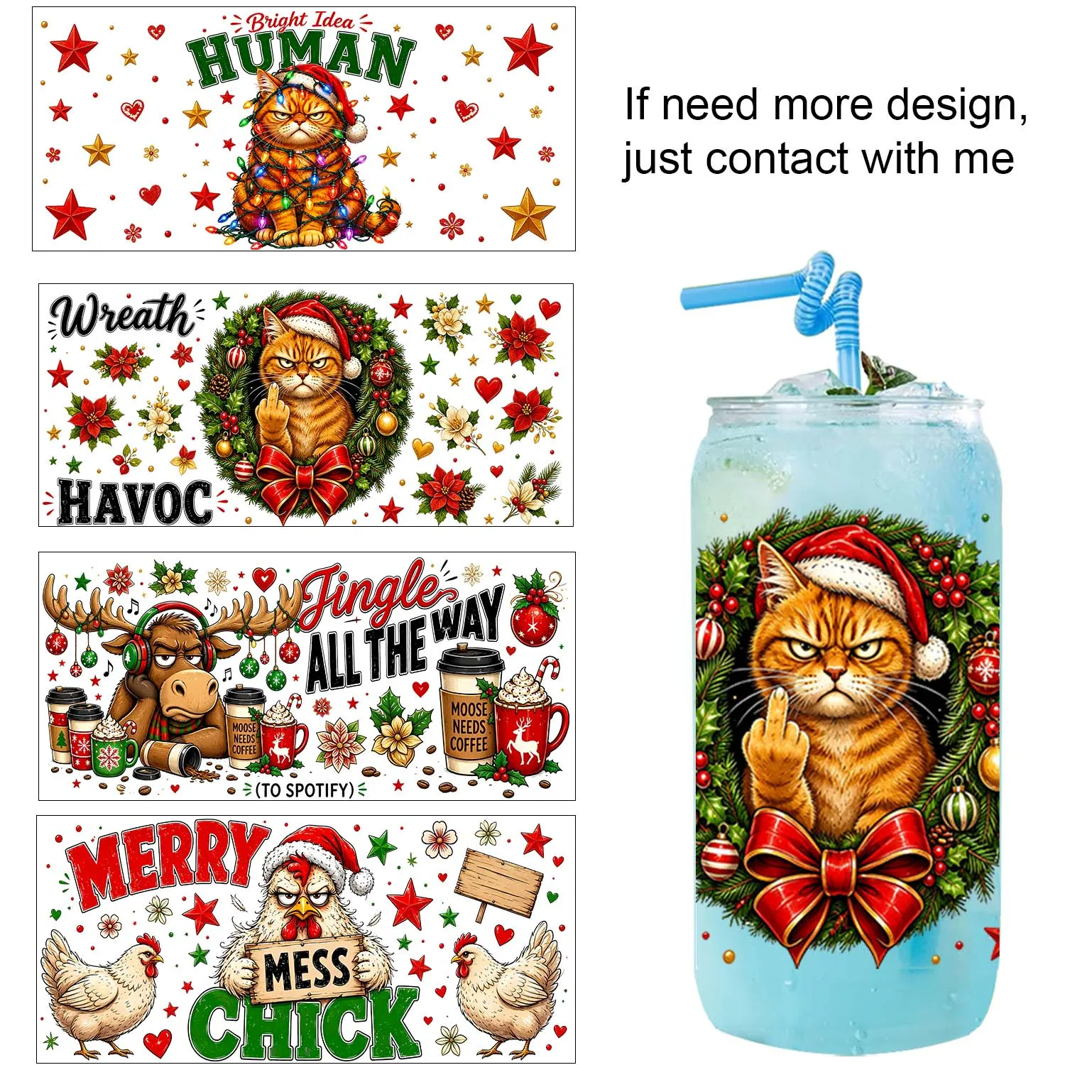 Funny Merry Christmas Rub On 16oz Uvdtf Sticker waterproof DIY Decals 3D transfers uvdtf tumbler stickers 16oz uv dtf cup wraps