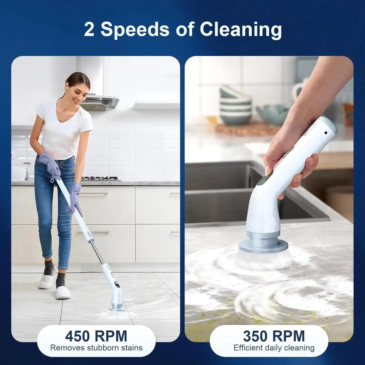 Dual Speed Bathroom Scrubber with Display & 6 Replacement Cleaning Heads, Cordless Power Scrubber with Adjustable